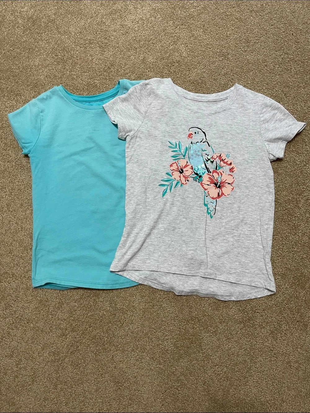 Girls' Parrot Graphic Short Sleeve Tee & Aqua Crewneck Top, size 7/8